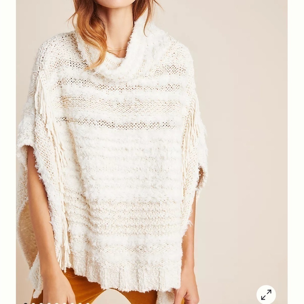 Anthropologie Marilyn Poncho Sweater Ivory White Fringe Mock Neck Size XS / S
